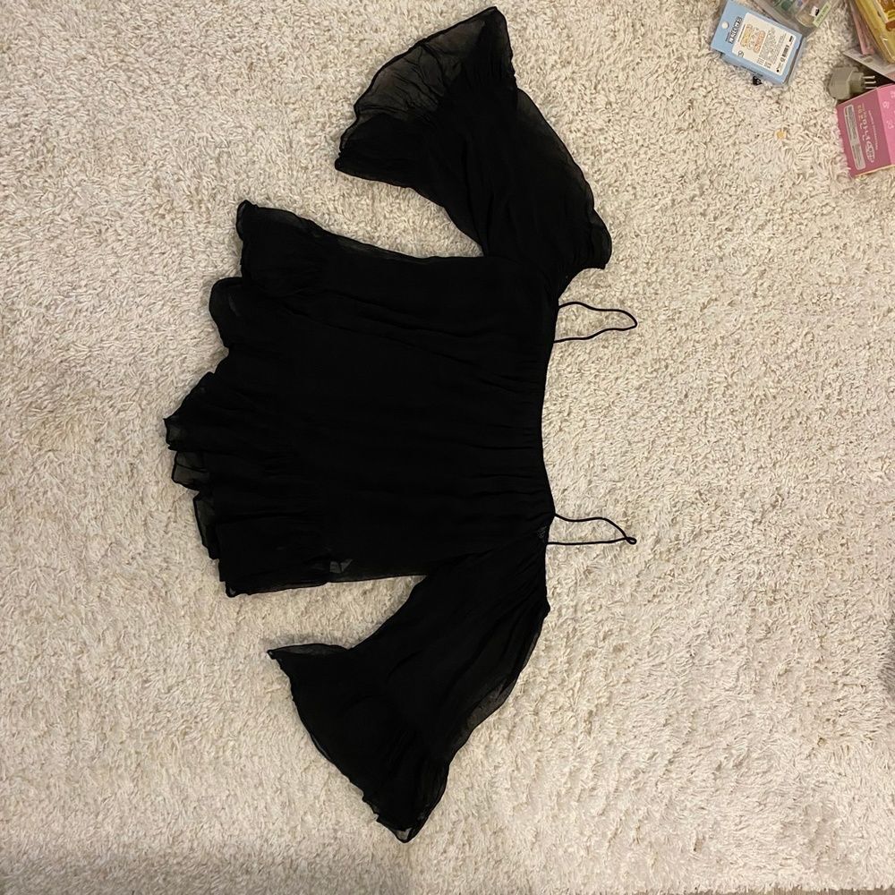 Zara Trafaluc Cold Shoulder Top Black Ruffle Chiffon Spaghetti Strap Blouse L - Picture 10 of 12